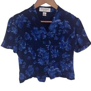Anne Klien Petites Blue and Black Floral Short Sleeve Blouse